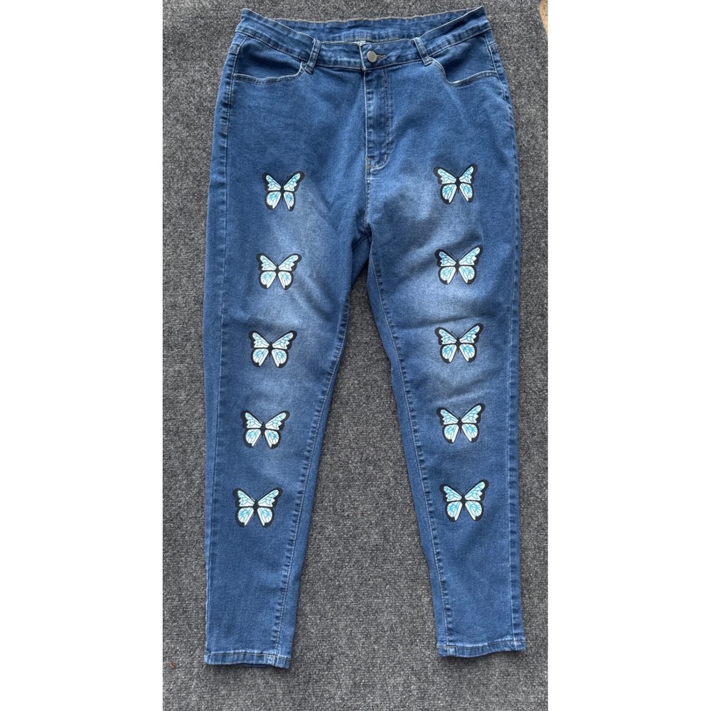 Custom Butterfly Print High Waisted Skinny Jeans Blue Denim‎ Stretch Womens 1XL
